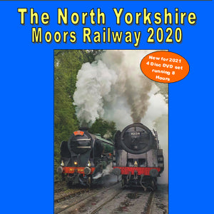 Blue front cover of Blu-Ray with photo of two steam engines and The North Yorkshire Moors Railway 2020 printed above.