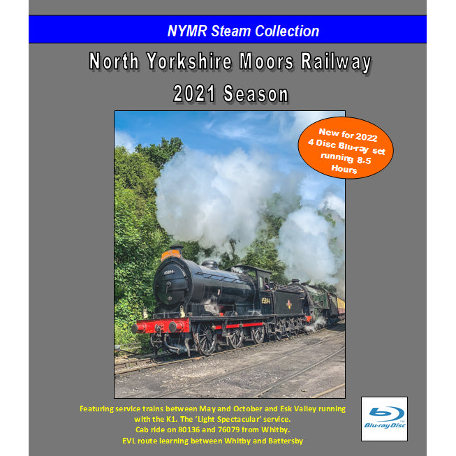 Grey front cover of Blu-Ray set with photo of steam train and NYMR Steam Collection on blue stripe at top and North Yorkshire Moors Railway 2021 Season printed above photo.