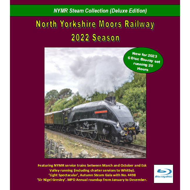 Front cover of the BLu Ray showing the title and a photo of the locomotive No 4498 Sir Nigel Gresley in black livery on the NYMR