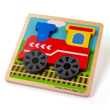 A square wooden puzzle with a raised 2D train in bright colours.
