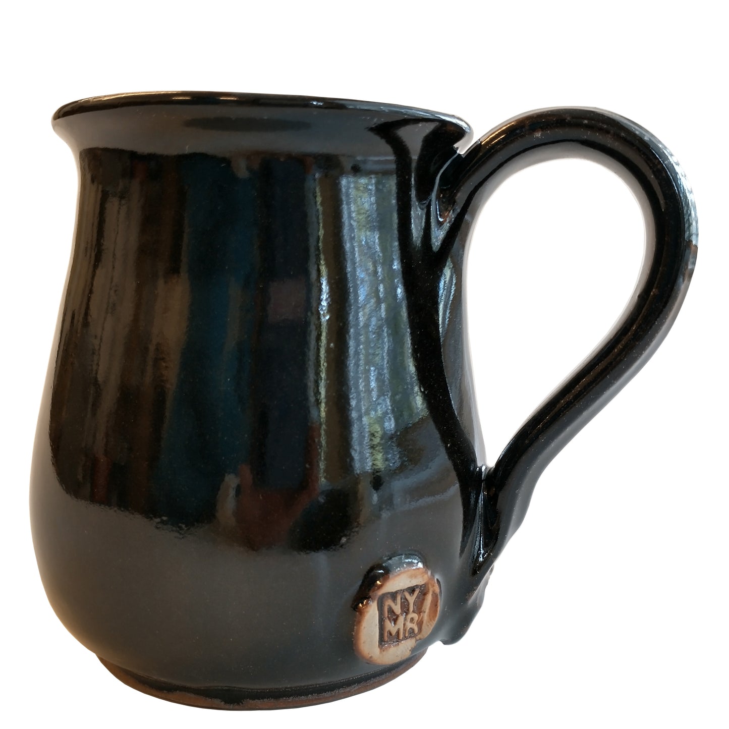 Close up view of a hand made pottery tulip shaped mug in black glaze.