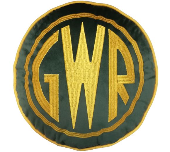 Round dark green cushion with a large gold G W R  embroidered within two gold circles