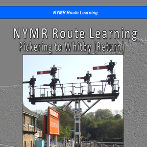 Grey front cover with photo of signals in middle. With N Y M R Route Learning printed at top on blue stripe and N Y M R Route Learning Pickering to Whitby (Return) in white on grey