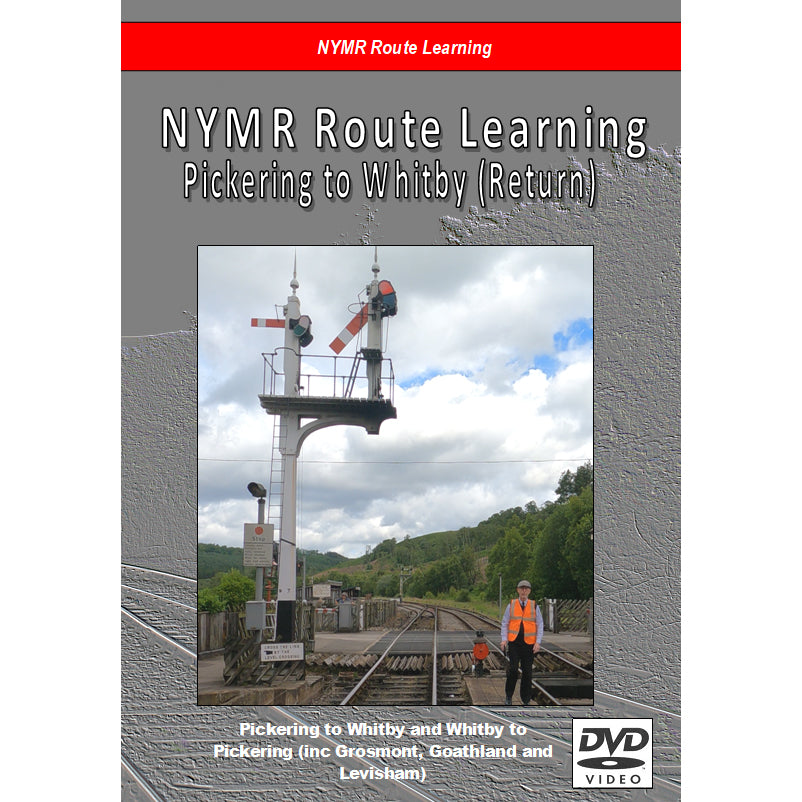 Grey front cover with photo of signals in middle. With N Y M R Route Learning printed at top on red stripe and N Y M R Route Learning Pickering to Whitby (Return) in white on grey