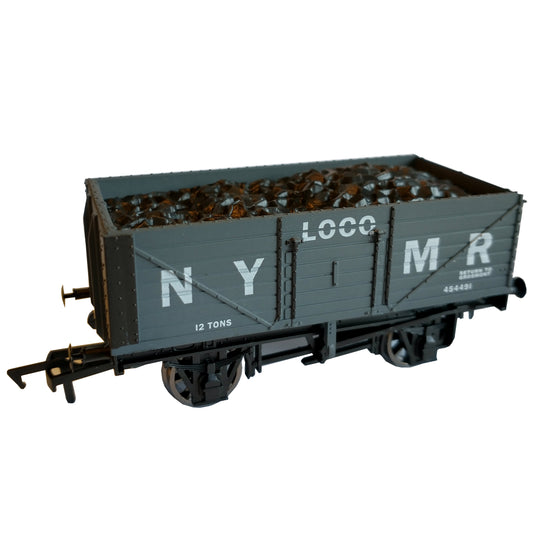 Grey Dapol OO gauge 7 plank wagon full of artificial coal and printed in white with Loco, N Y M R, 12 tons , Return to Grosmont, 454491