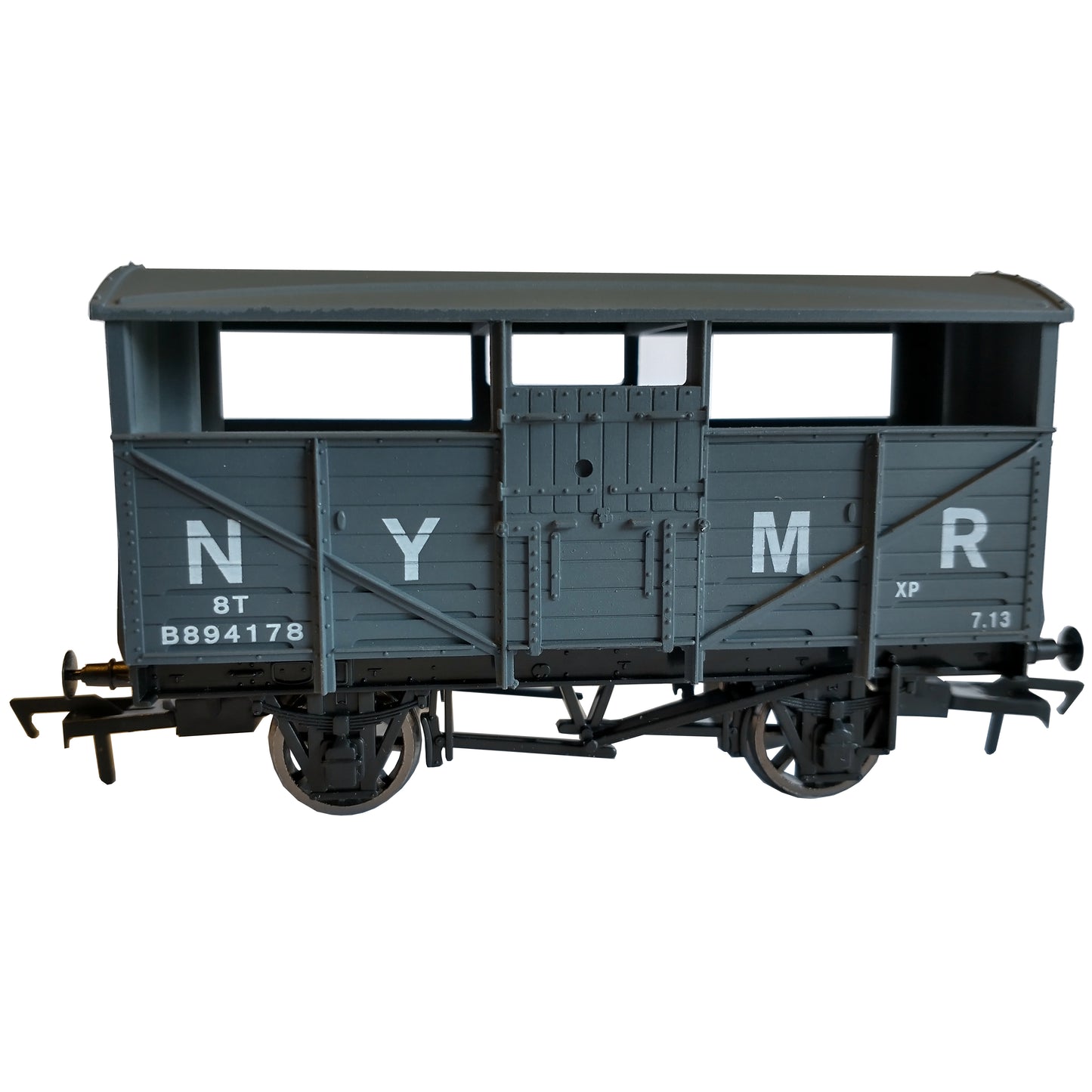 Side of grey Dapol 00 gauge Cattle Wagon printed in white with N Y M R, 8 T, B894178, XP, 7.13