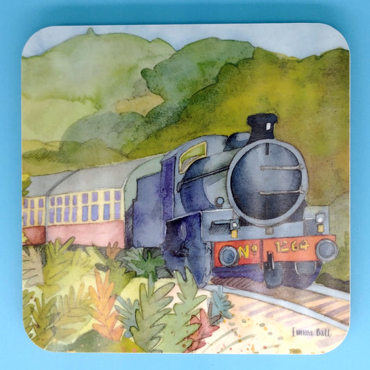 Square coaster with rounded corners and painting of steam train on front