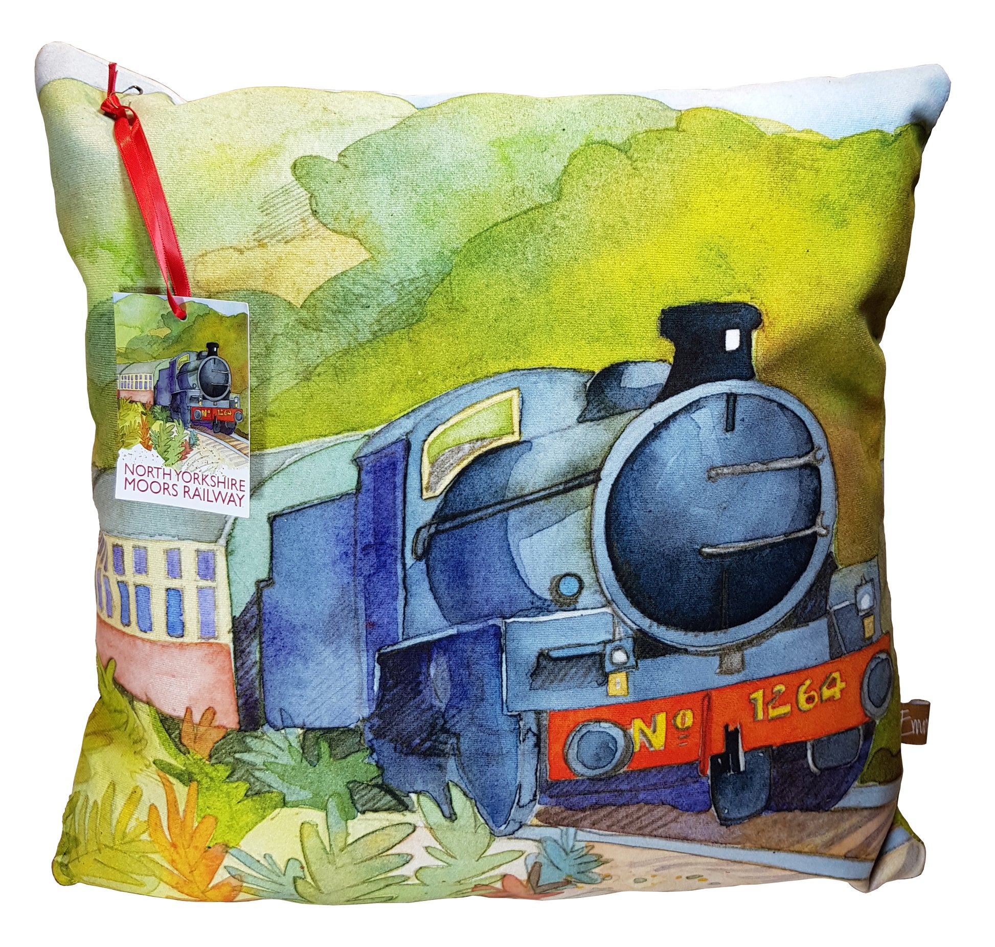 Square cushion with painting of steam train travelling through countryside and North Yorkshire Moors Railway label attached with red ribbon.