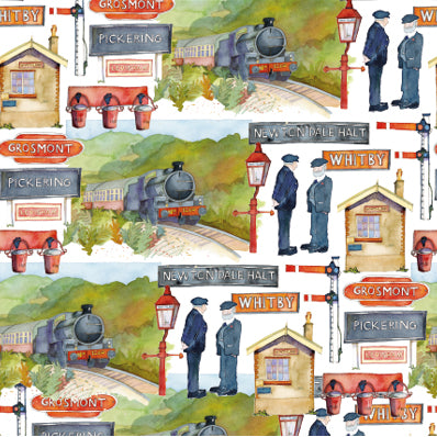 Wrapping paper design with repeat pattern of painting of steam train and various paintings of signs, signal box, platform staff, etc.