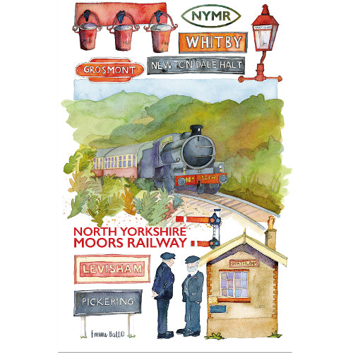 White tea towel with painting of steam train and various paintings of signs, signal box, platform staff, etc.