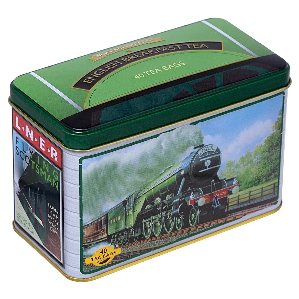 Flying Scotsman tea tin with green top printed with English Breakfast Tea 40 Tea Bags and picture of Flying Scotsman printed on front.