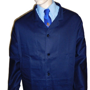 Dark blue footplate jacket worn over pale blue shirt with railway tie