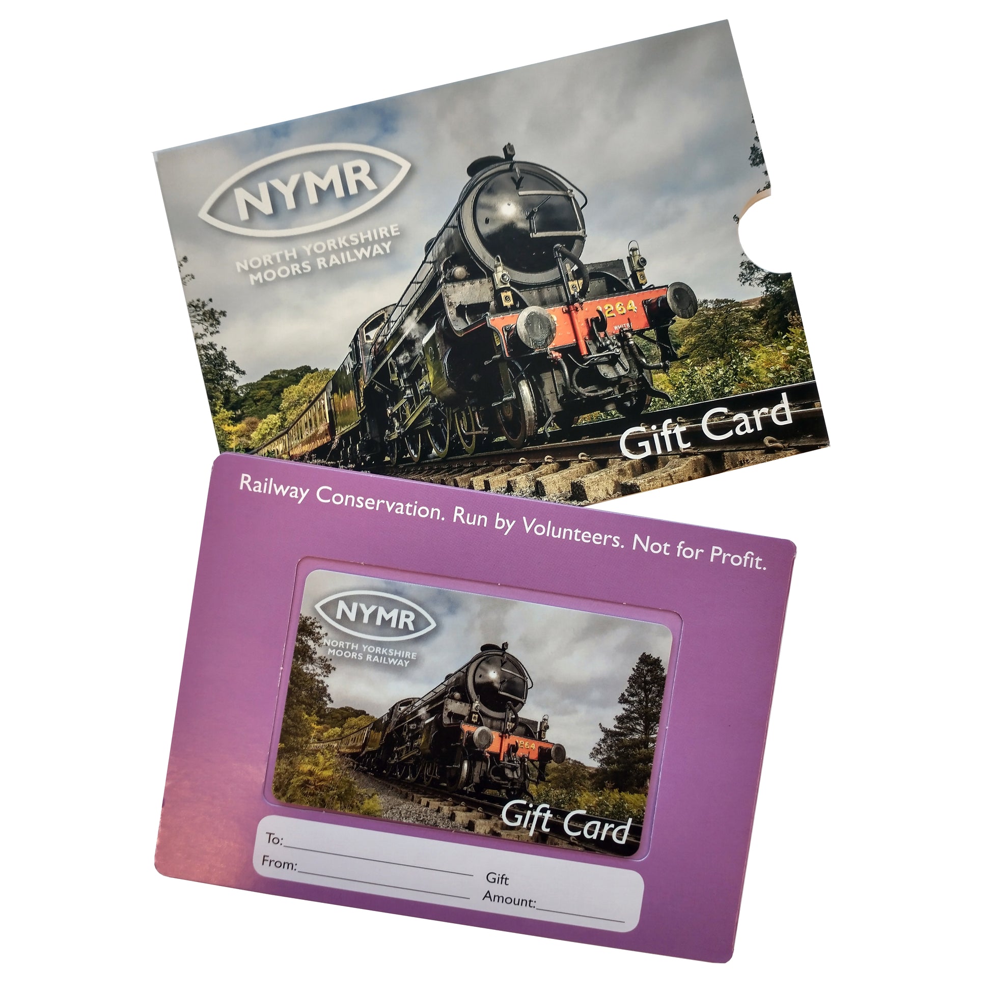 Gift card and sleeve with photo of steam engine number 1264. Card has space for to, from and gift amount to be added.