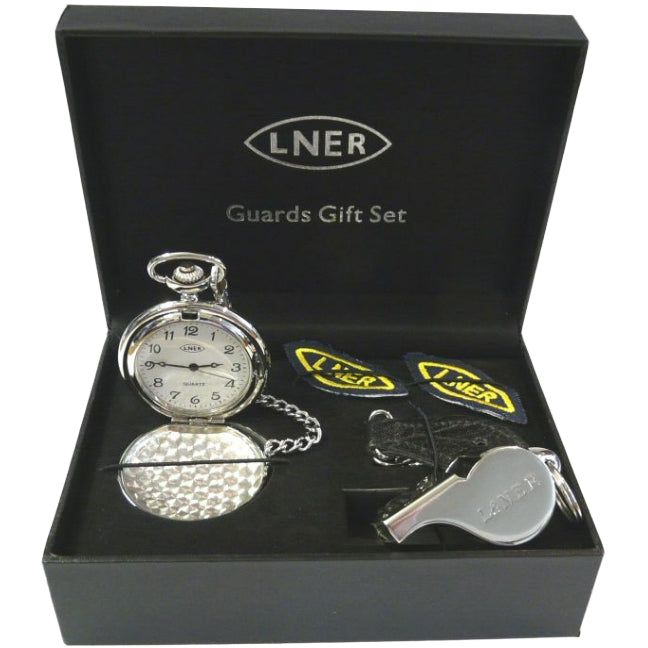 Silver coloured fob watch and chain and whistle, black leather key ring and two LNER lozenge sew-on badges in a black presentation box.