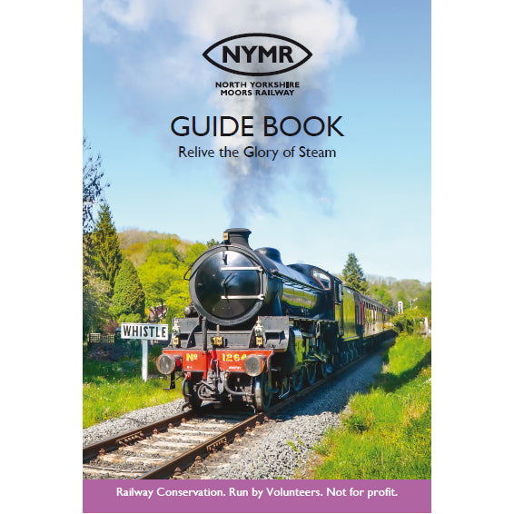Front cover with photo of steam locomotive number 1264 next to a whistle sign.  Printed in black with the N Y M R logo, Guide Book and relive the glory of steam