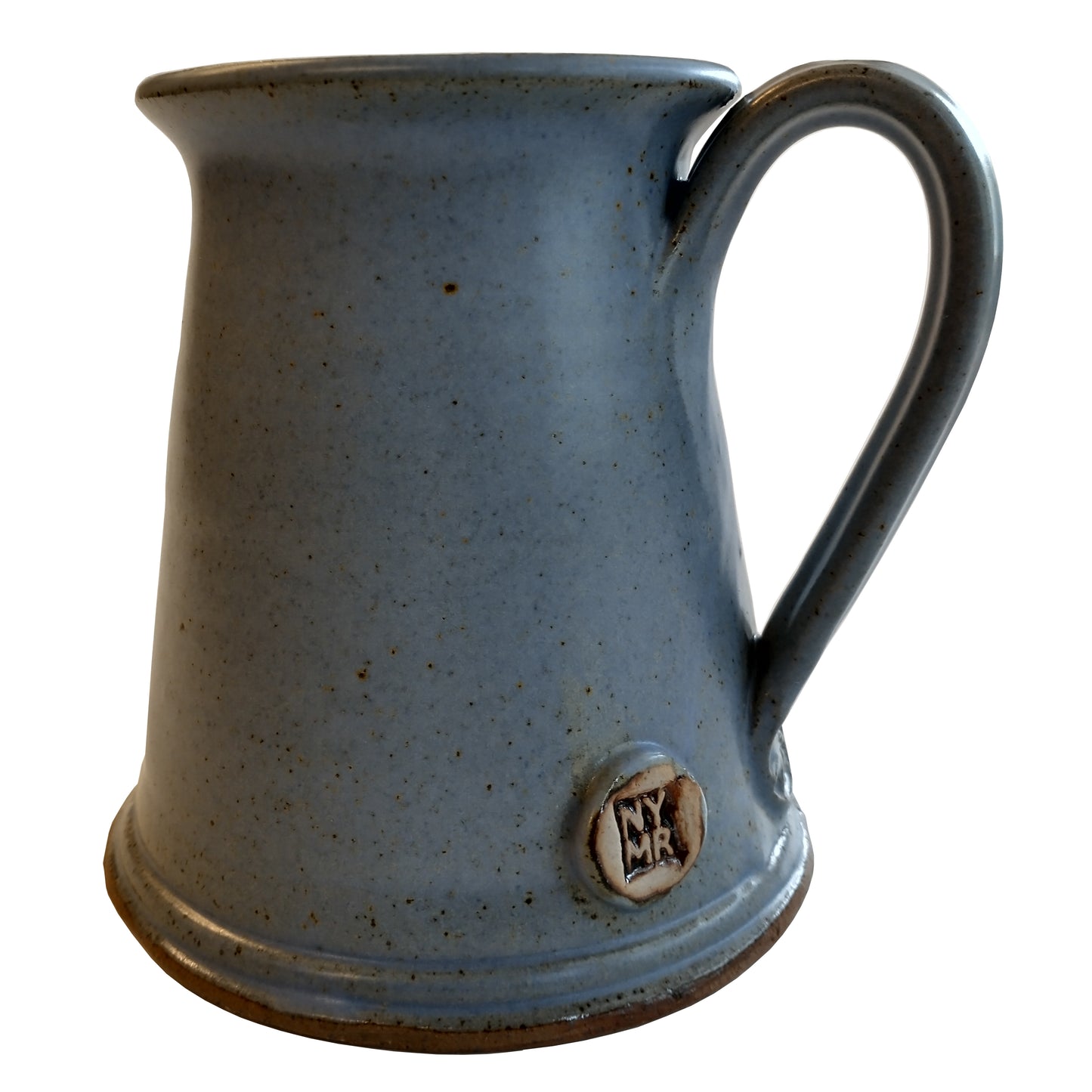 Tankard style stoneware mug in matt light blue with N Y M R debossed near bottom of handle.