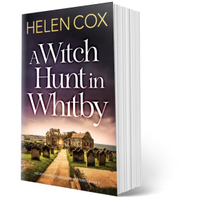 Front cover of book with picture of Whitby Abbey and graveyard. Helen Cox, A  Witch Hunt in Whitby.
