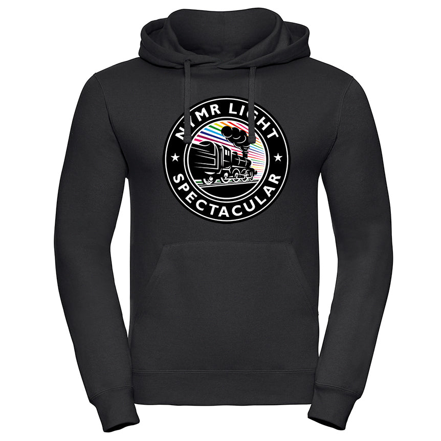 Black hoodie with front pocket and drawstrings coming from hood. Design is circular with a train in black and white and rainbow coloured stripes.