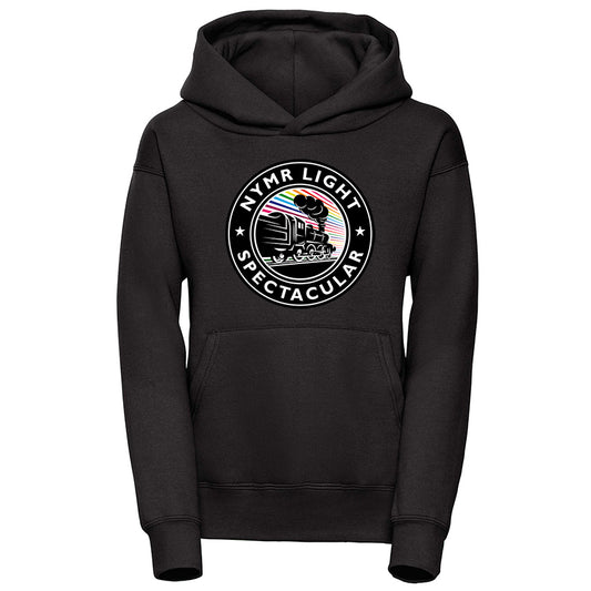 Black hoodie with front pocket. Design is circular with a train in black and white and rainbow coloured stripes.