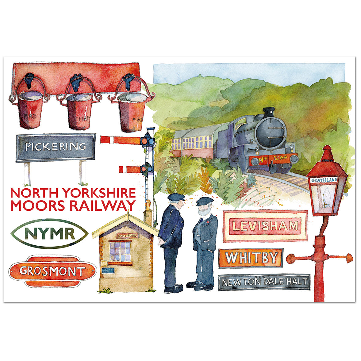 Image of finished jigsaw design with steam train and various paintings of signs, signal box, platform staff, etc.