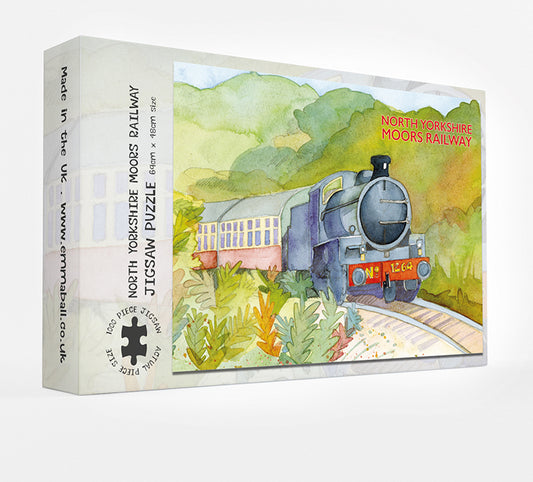 Jigsaw box with Emma Ball painting of steam train travelling through countryside.  North Yorkshire Moors Railway Jigsaw Puzzle, 1000 piece, 69cm by 48cm.