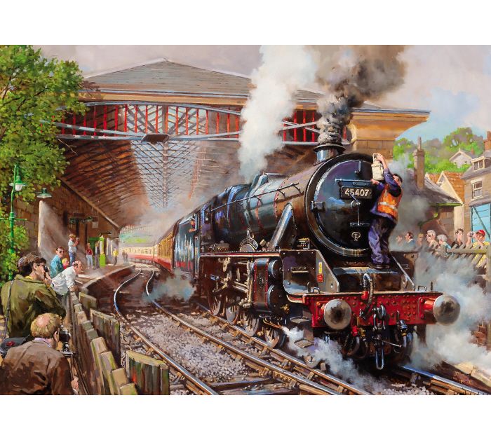 Painting of steam train number 45407 in Pickering Station.