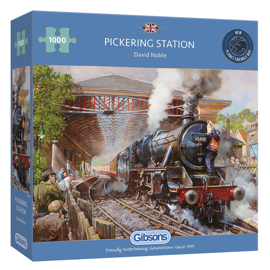 Blue Gibsons 1000 piece jigsaw with photo of steam train number 45407 in Pickering Station by David Noble.