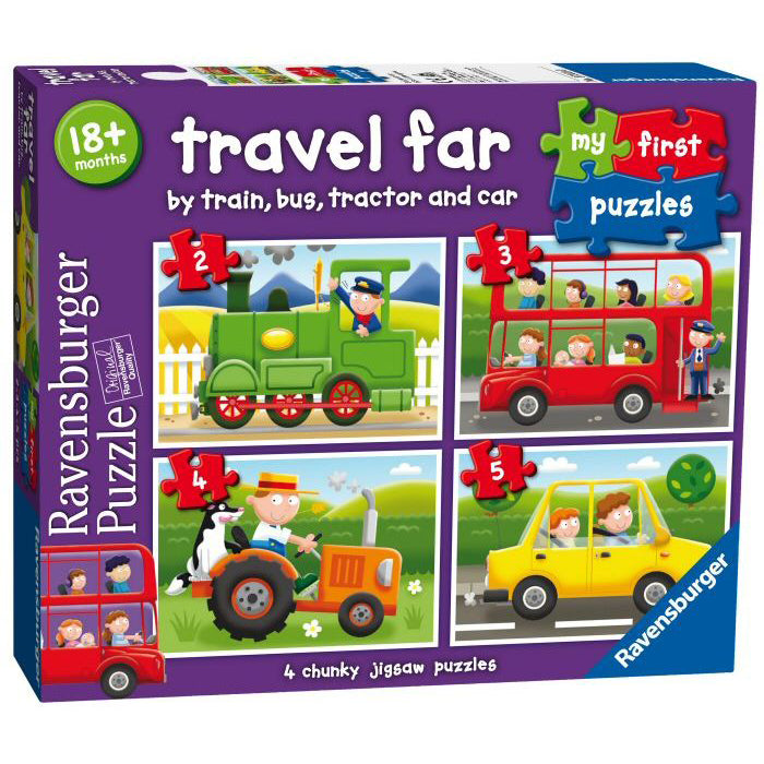 A purple jigsaw box showing the 4 different illustrated images for each puzzle. A green steam engine, a red double decker bus, an orange tractor and a yellow car. All with cheerful characters driving them.