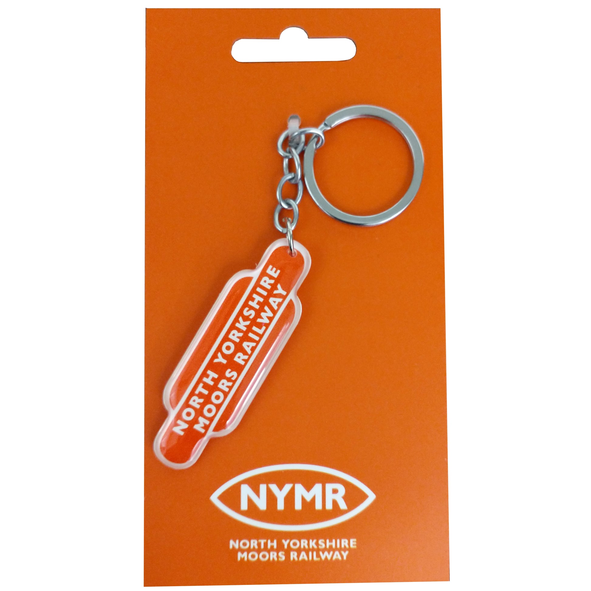 An orange totem shaped keyring with NORTH YORKSHIRE MOORS RAILWAY printed on it. Attached to an orange backing board for display.