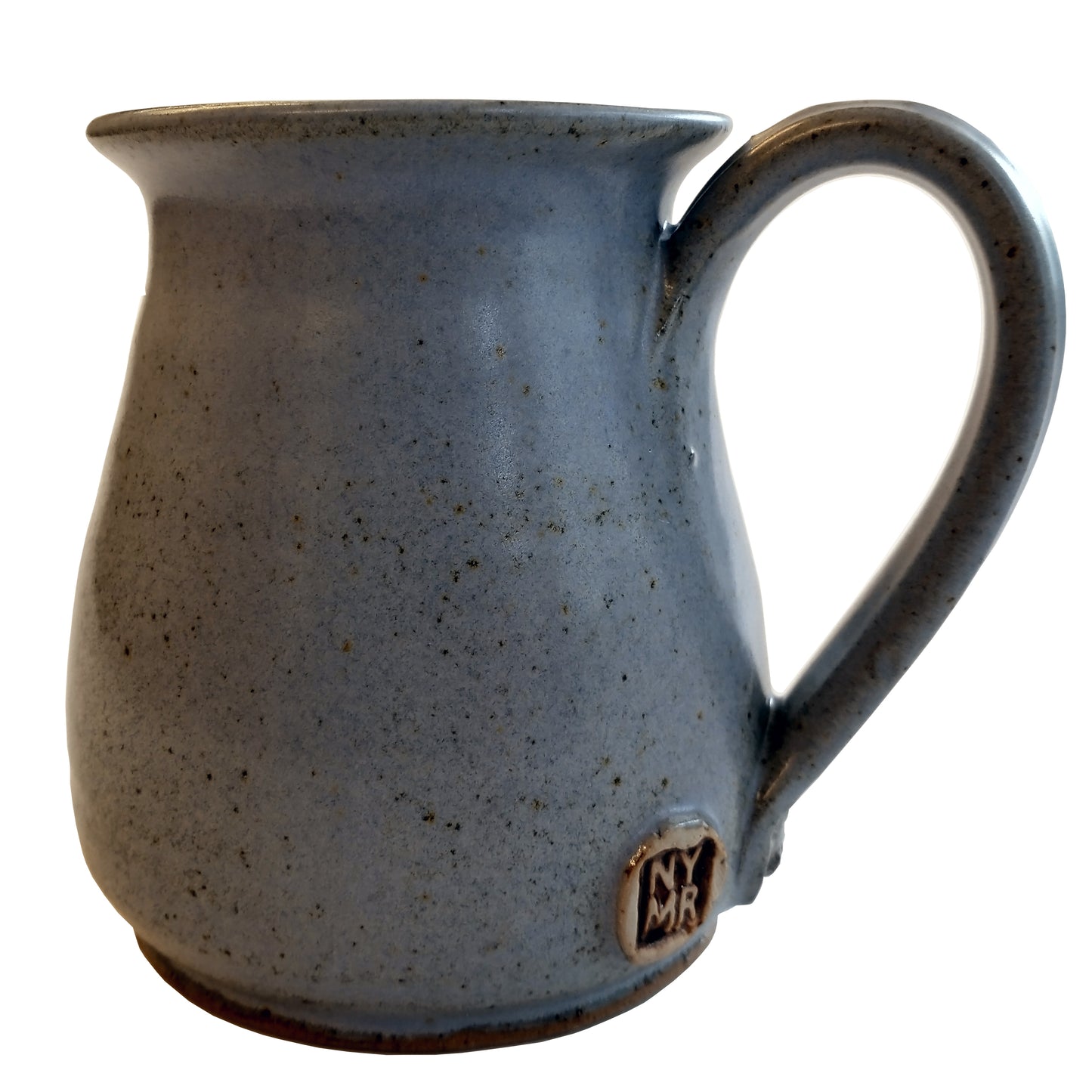 Close up view of a hand made pottery tulip shaped mug in pale blue glaze.