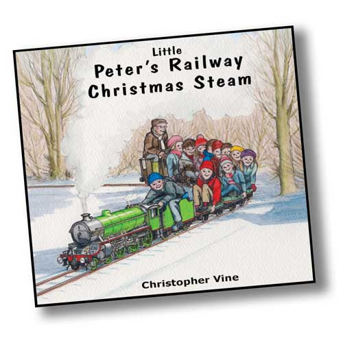 Book cover with a painting of a boy driving a green miniature steam train with lots of children on board. Little Peter's Railway Christmas Steam by Christopher Vine.