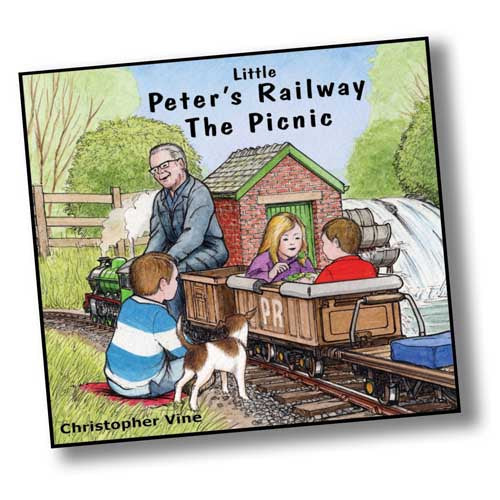 Book cover with a painting of a boy and his dog having a picnic with friends on and beside a green miniature steam train by a water mill. Little Peter's Railway The Picnic by Christopher Vine.