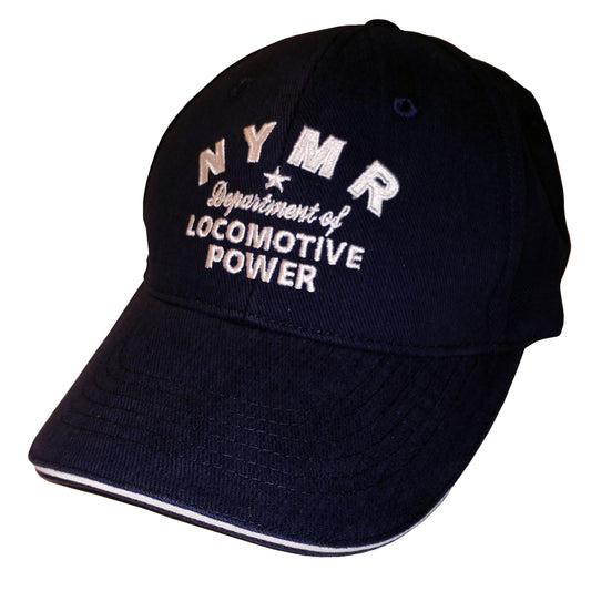 Navy blue baseball cap with N Y M R Department of Locomotive Power embroidered in white on front and white line round peak.