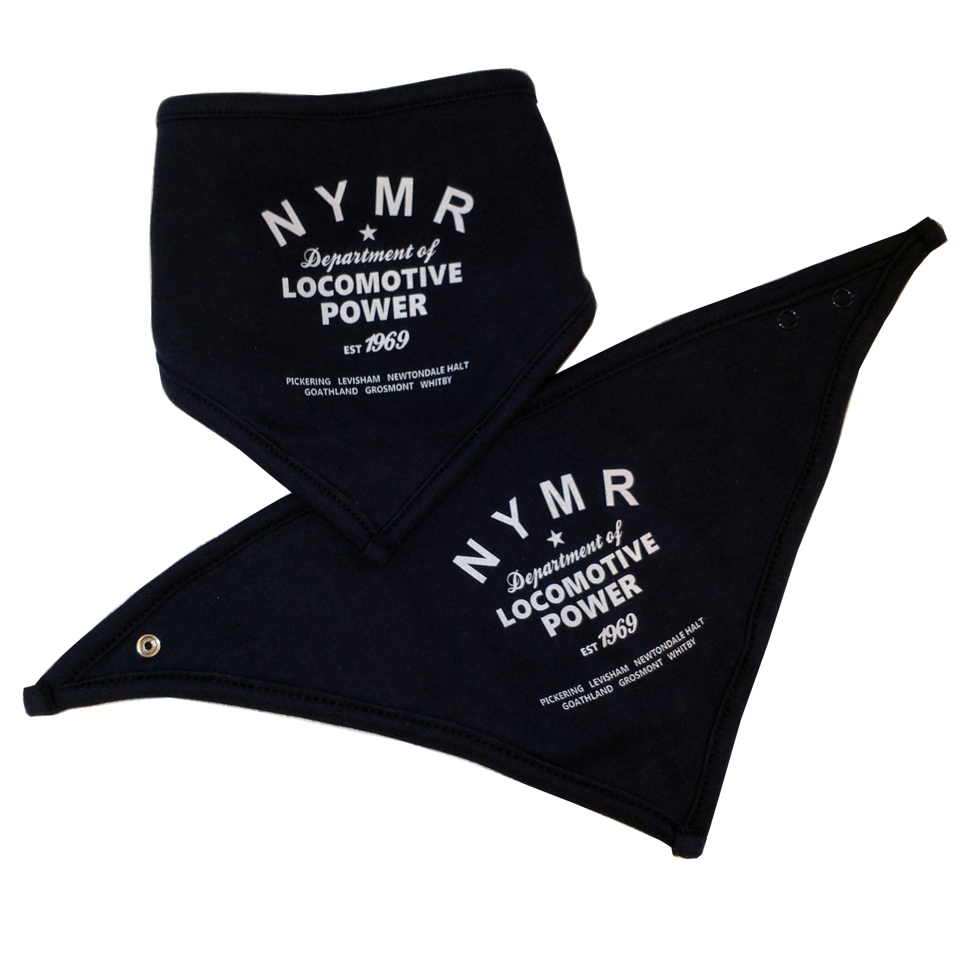 Two navy blue bandana bibs with N Y M R Locomotive Power logo and press stud fastening.