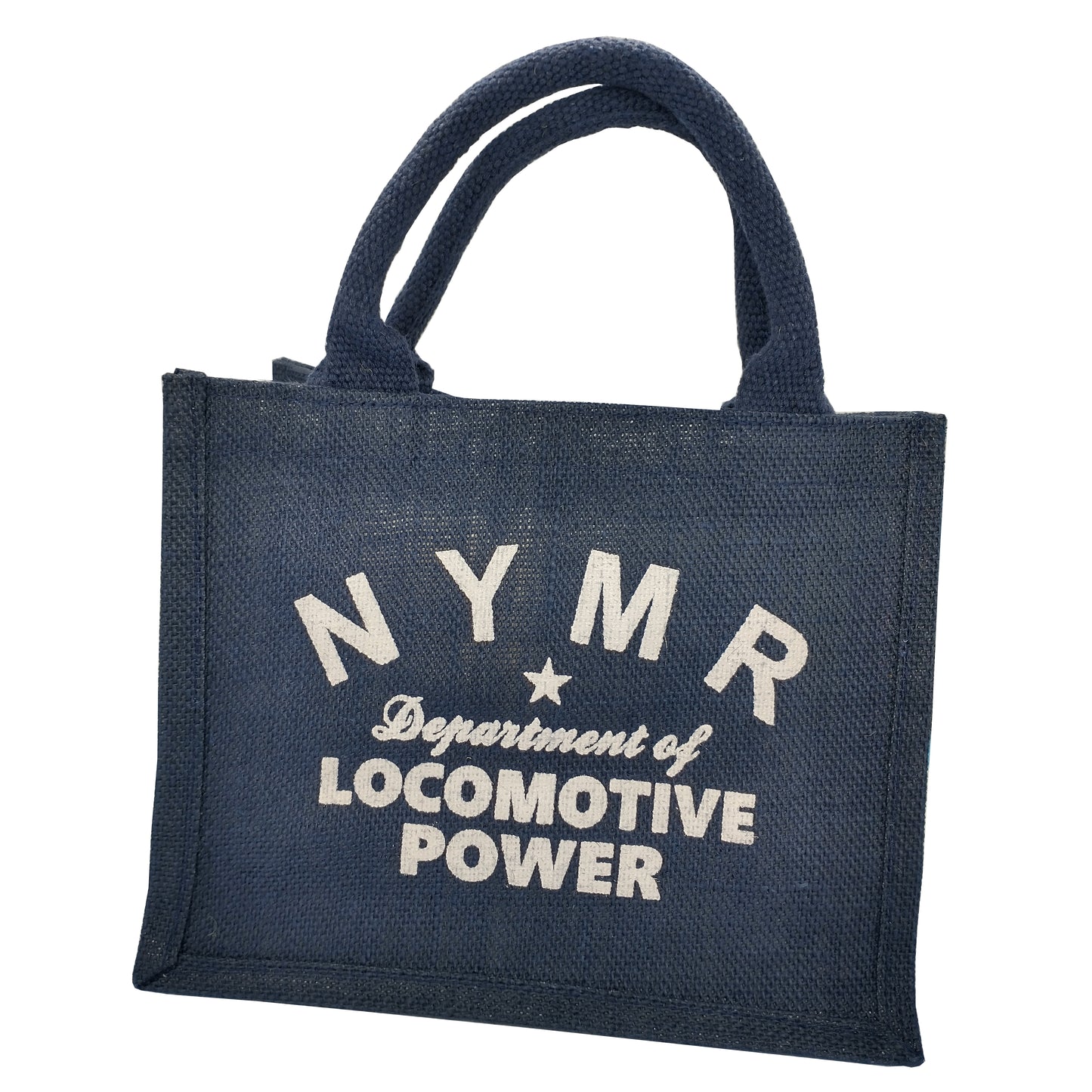 Small blue jute shopping bag with N Y M R Locomotive Power logo printed in white on front.