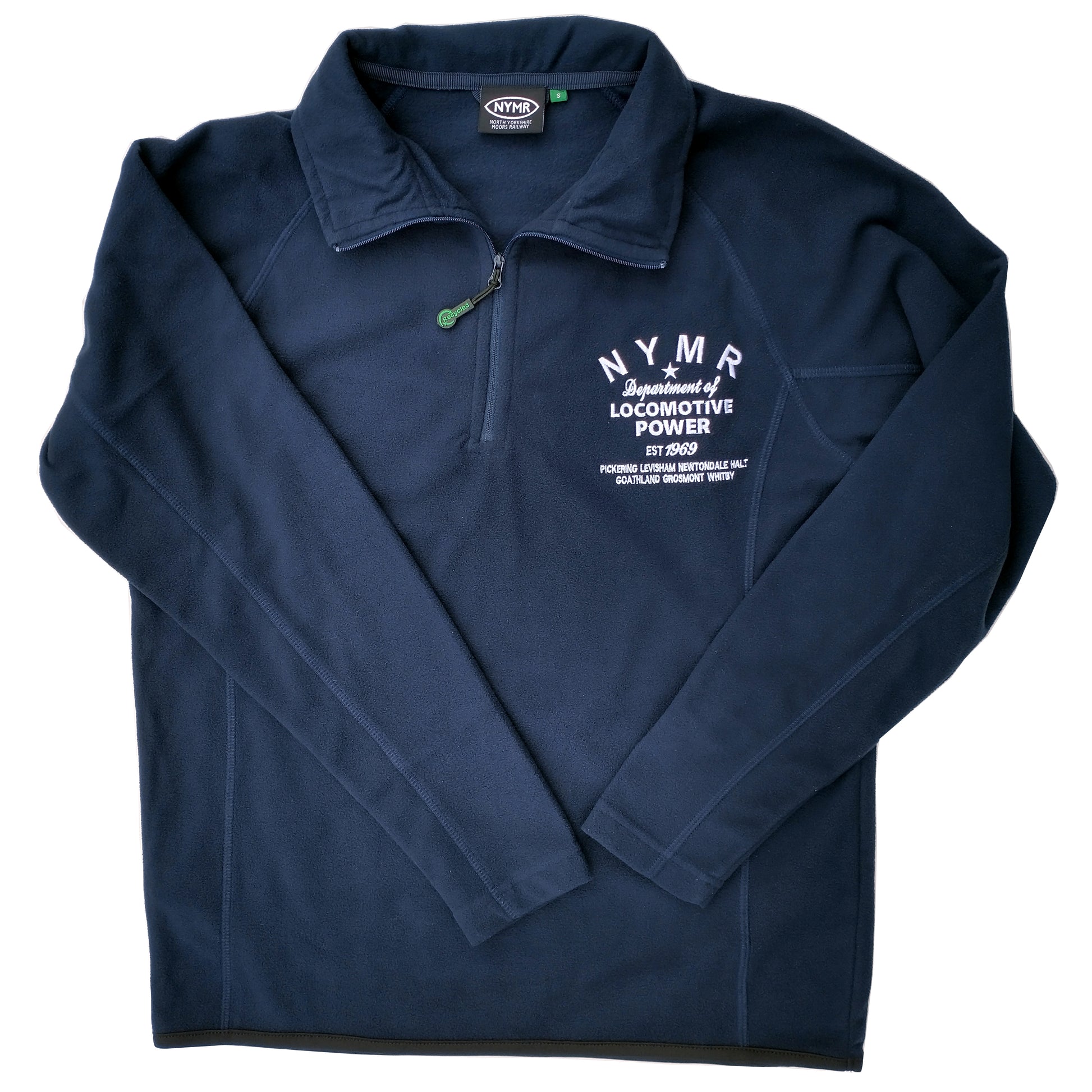Navy collared micro fleece with short zip and N Y M R Locomotive Power logo embroidered in white on left front.