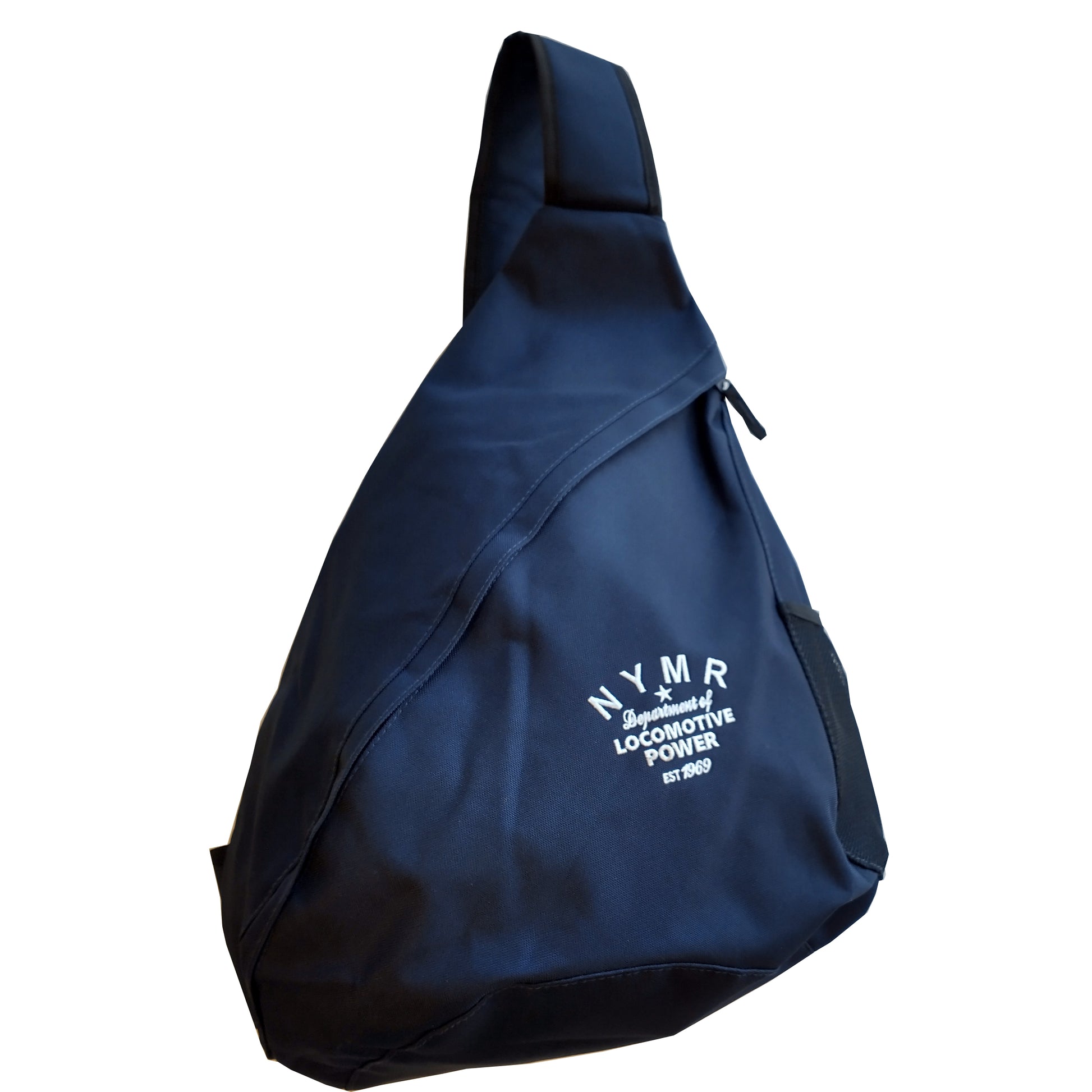 Navy blue mono strap bag with zip and mesh pocket. N Y M R Locomotive Power logo in white on side.