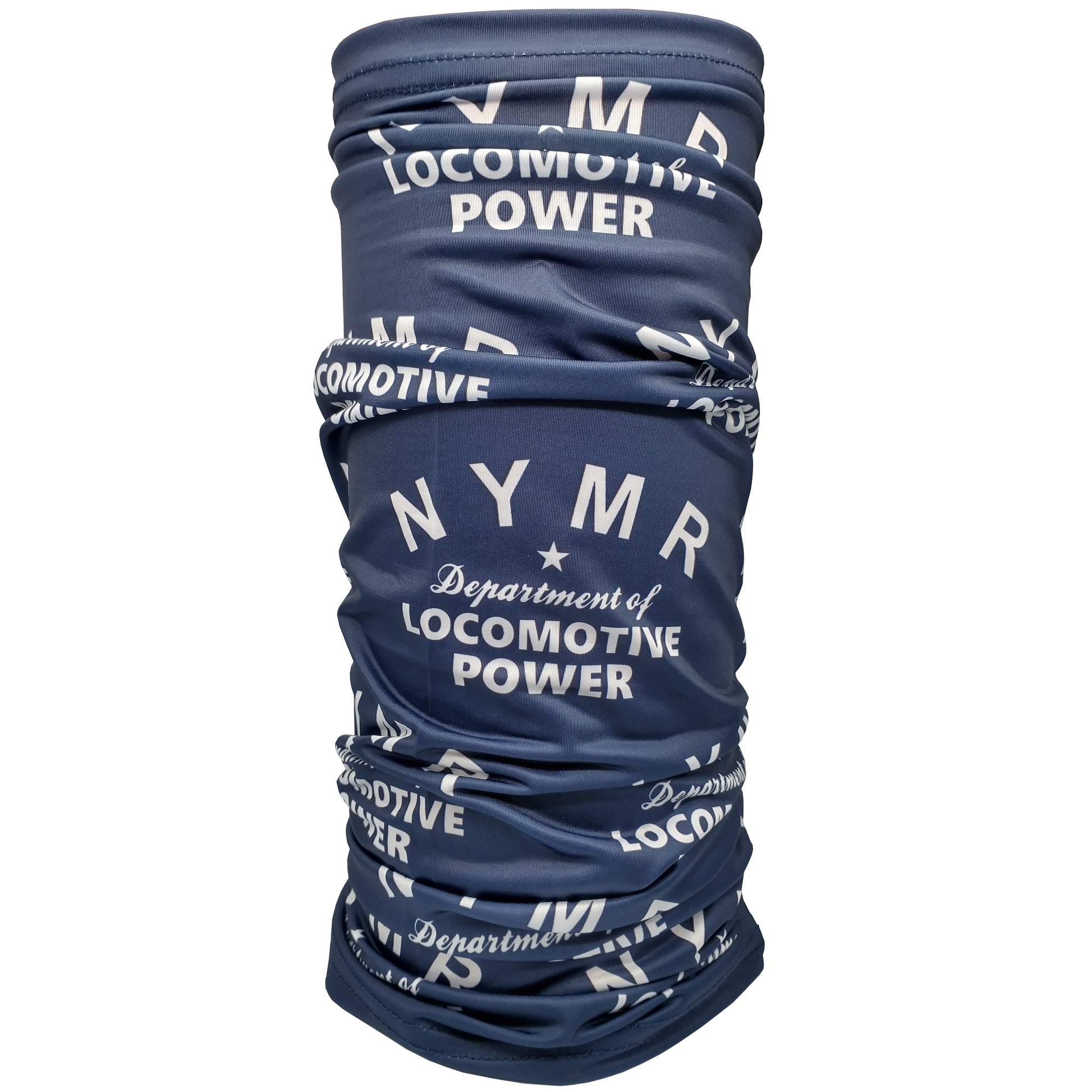 Blue neck warmer and/or face covering with N Y M R Locomotive Power logo repeatedly printed on it in white.