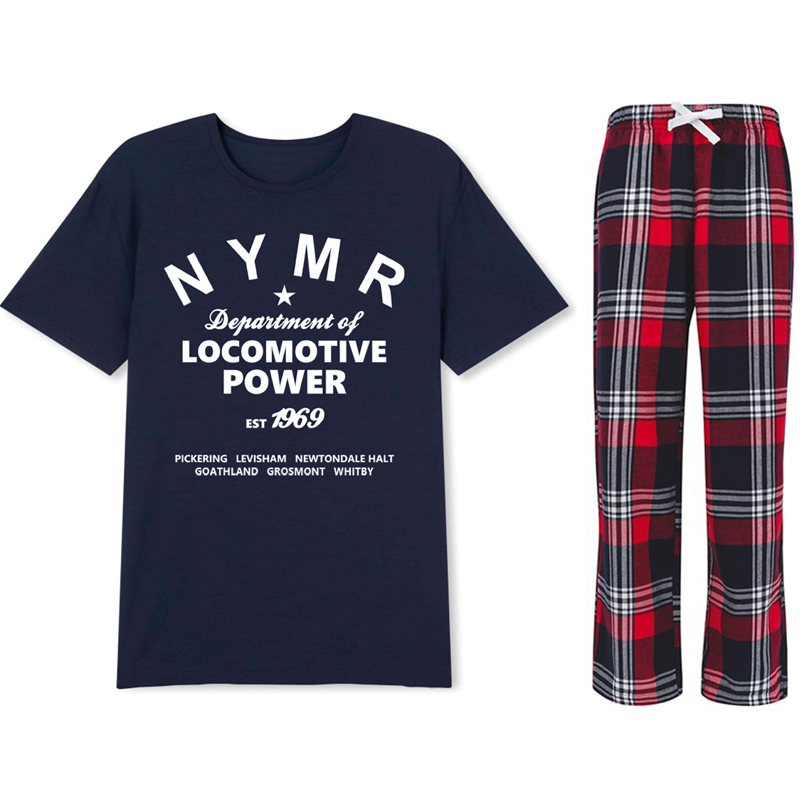 Pyjamas with navy T shirt top with white N Y M R Locomotive Power logo on front and checked tie waist trousers in red, white and blue.