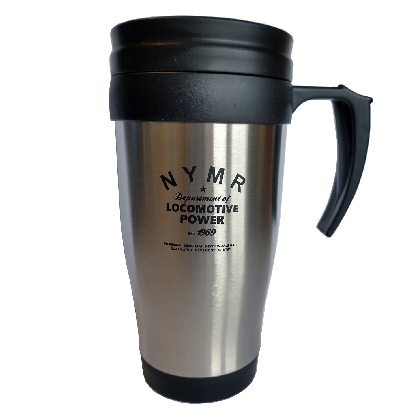 Stainless steel travel mug with black lid, handle and base. Printed with the N Y M R Locomotive Power logo in black.