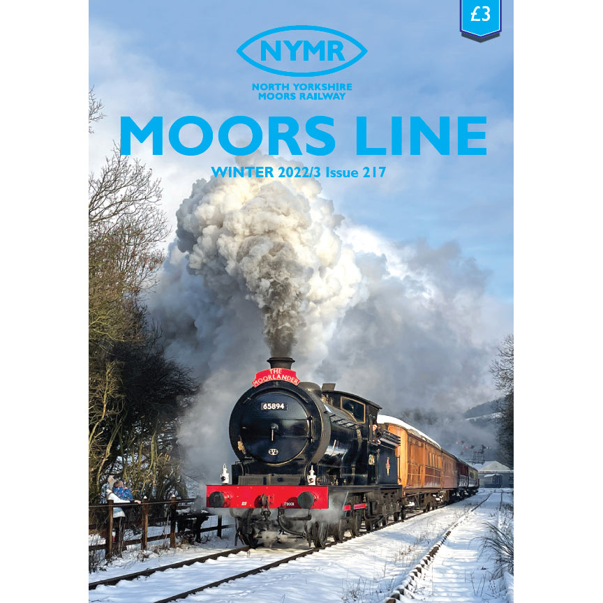 The front cover of the Moors Line magazine. Showing a black Locomotive number 65894 with the headboard Moorlander pulling the teak coaches over snow covered tracks.