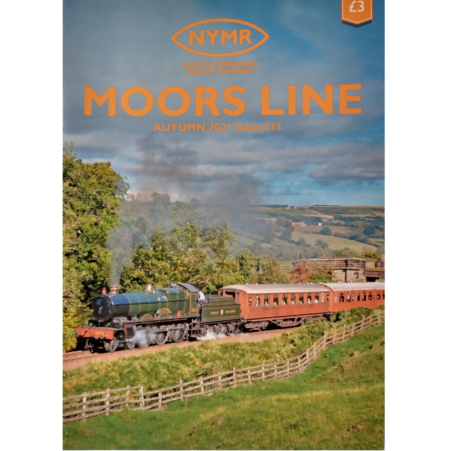 Front of Moors Line Autumn 2021 Issue 212 £3 with photo of steam train travelling through countryside.