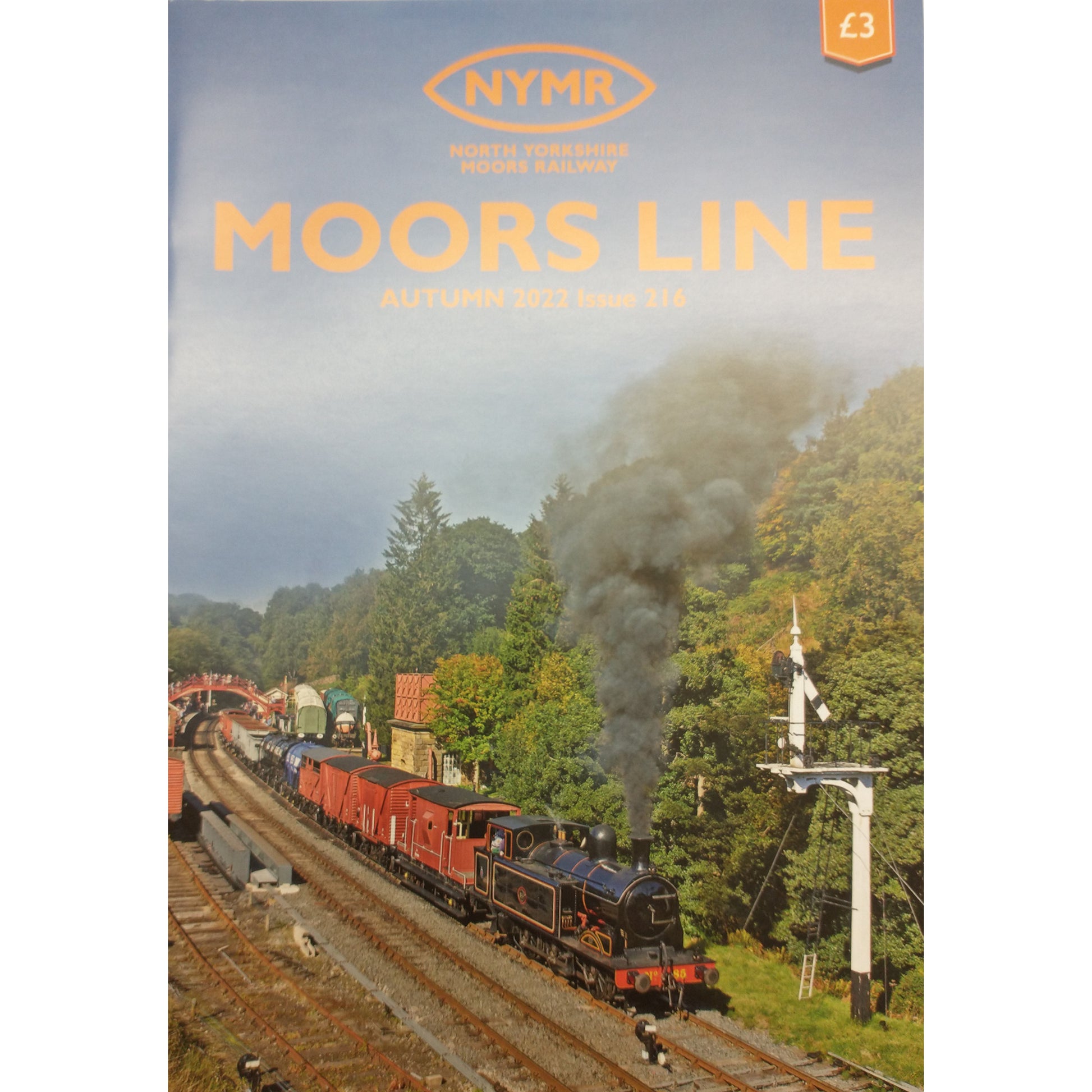 The front cover of Moos Line 216 with the NYMR logo and the photograph of a black steam locomotive at Goathland station with a signal in the foreground.