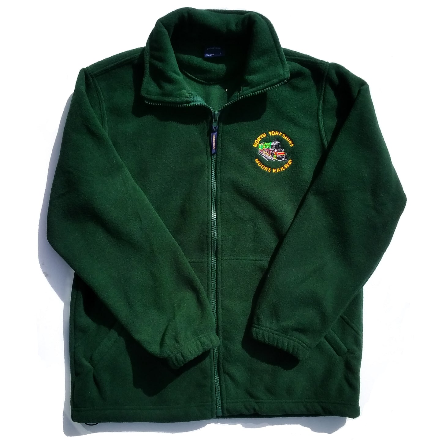 Green zipped fleece with North Yorkshire Moors Railway in gold with a coloured picture of a steam engine embroidered on the left front.
