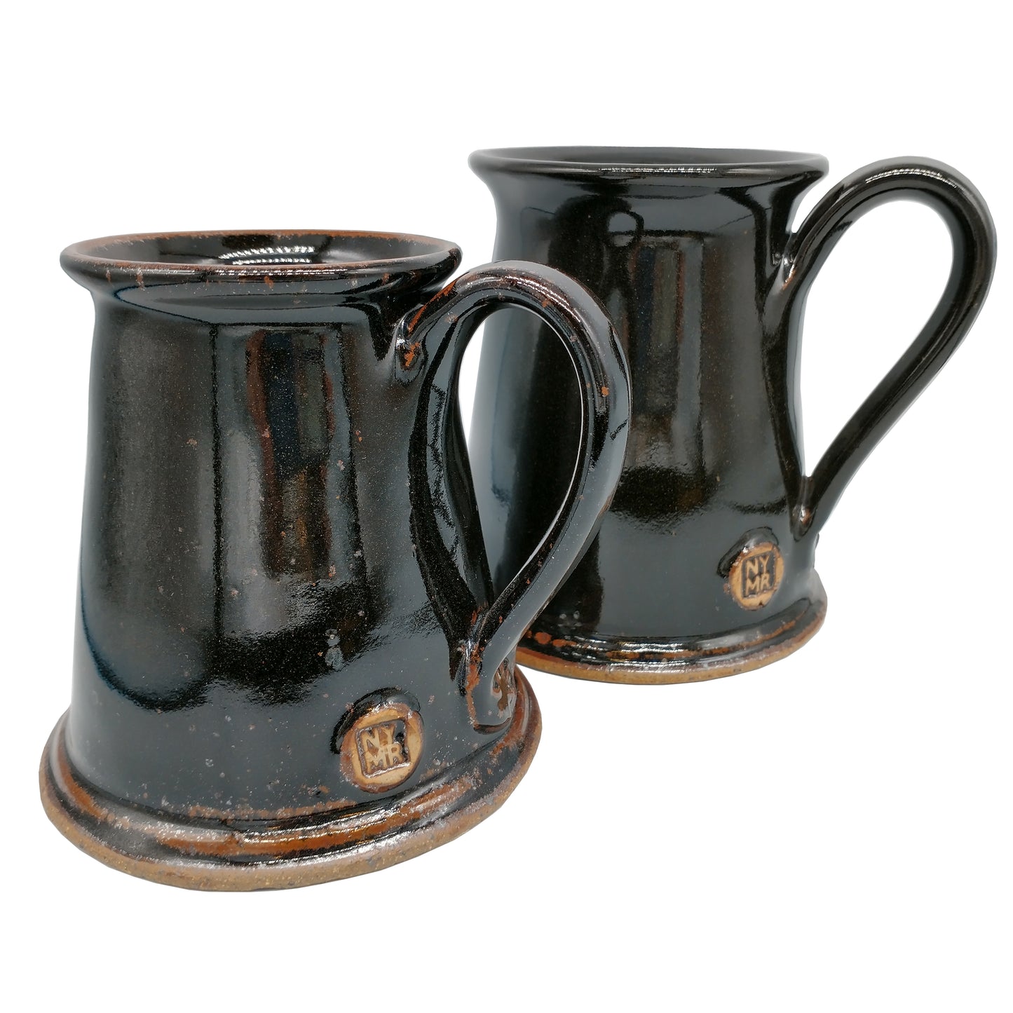 Two tankard style stoneware mug with black glaze and N Y M R debossed near bottom of handle.