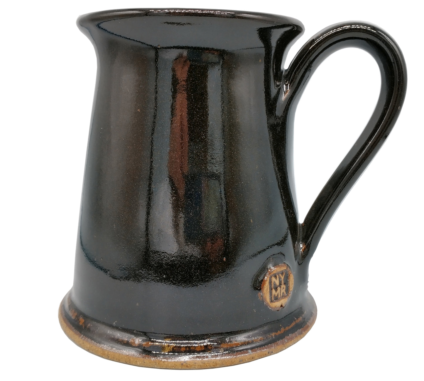 Tankard style stoneware mug with black glaze and N Y M R debossed near bottom of handle.