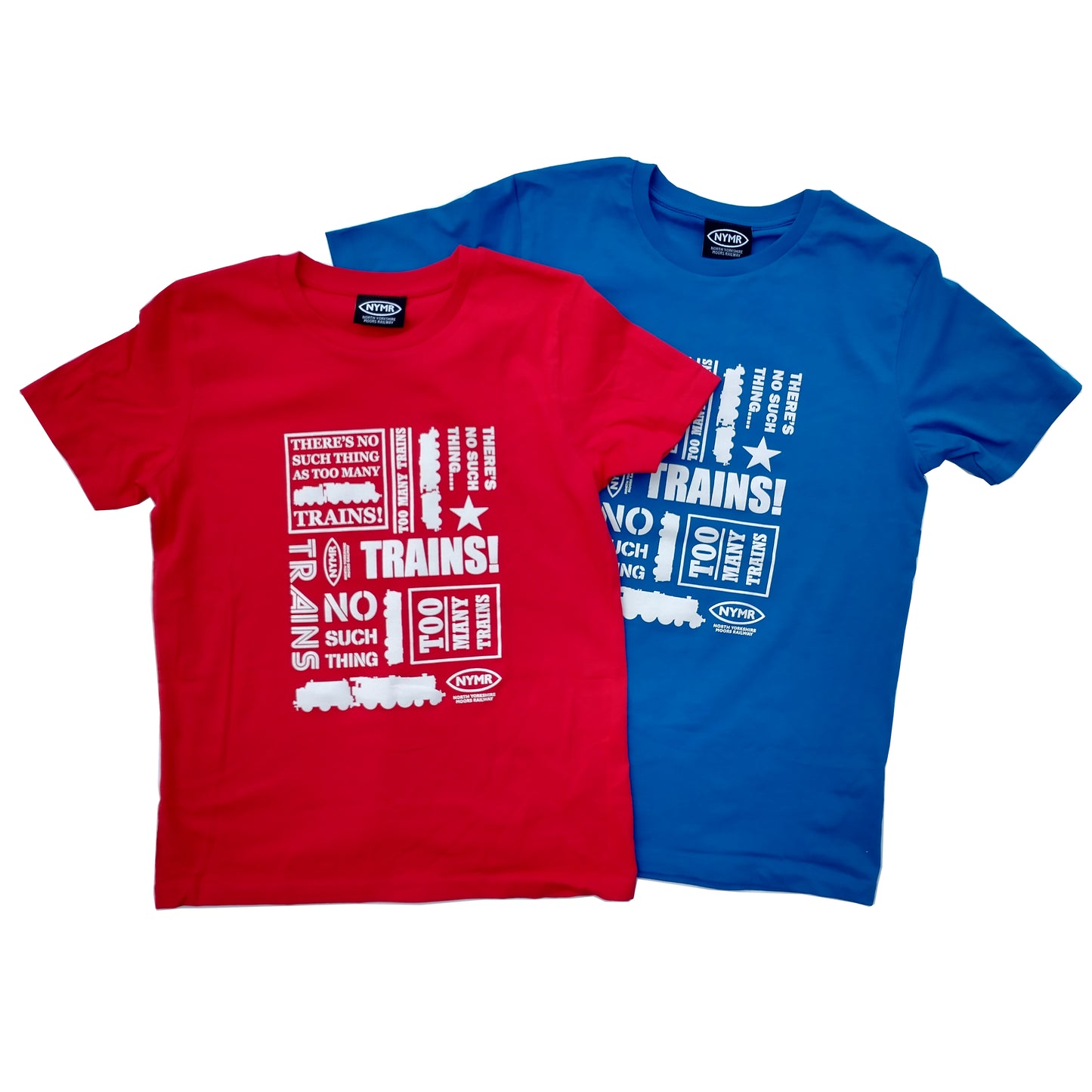 One red and one royal blue T shirt with there's no such thing as too many trains design printed in white on front.