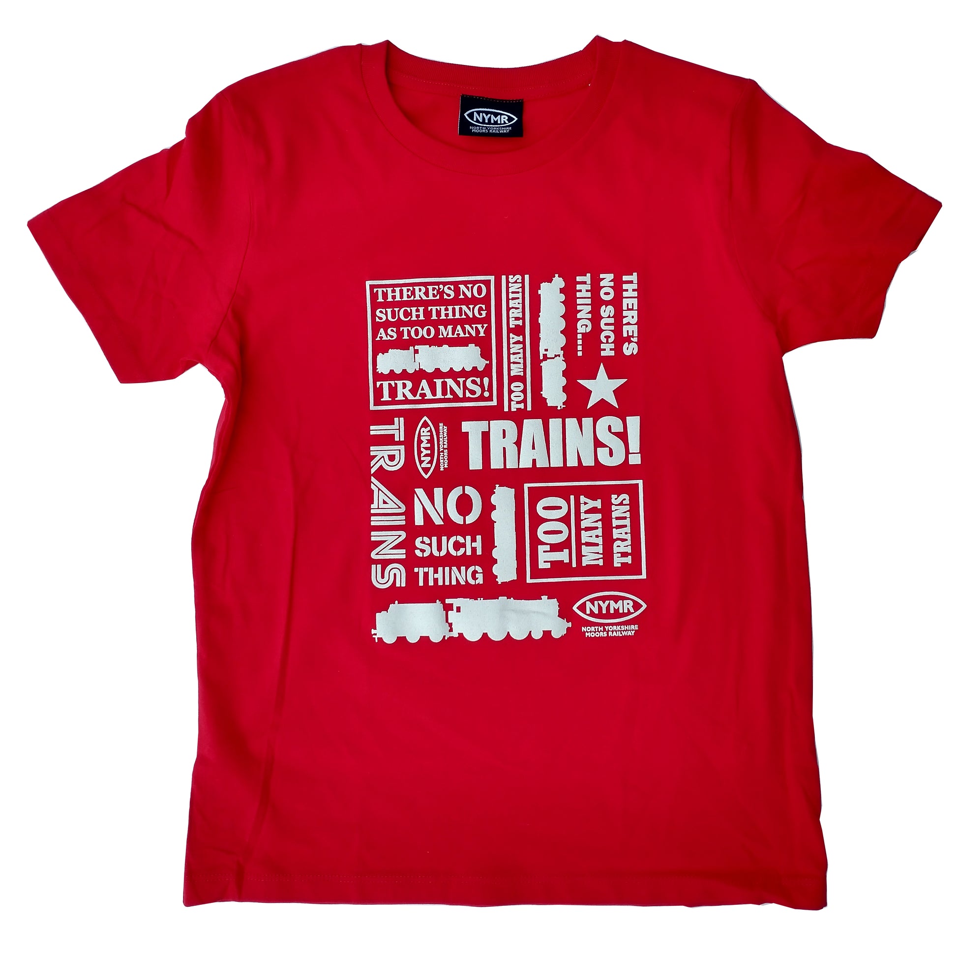 Red T shirt with there's no such thing as too many trains design printed in white on front.