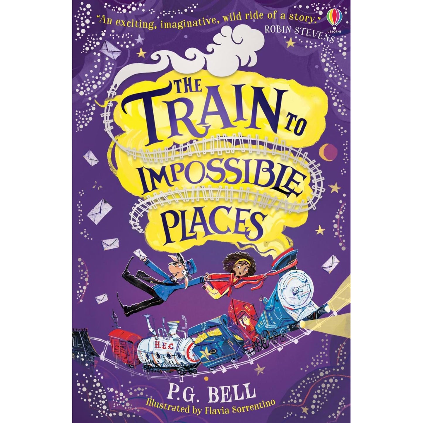 Purple front cover of book with The Train to Impossible Places written in purple in yellow steam from blue steam engine. By P G Bell.