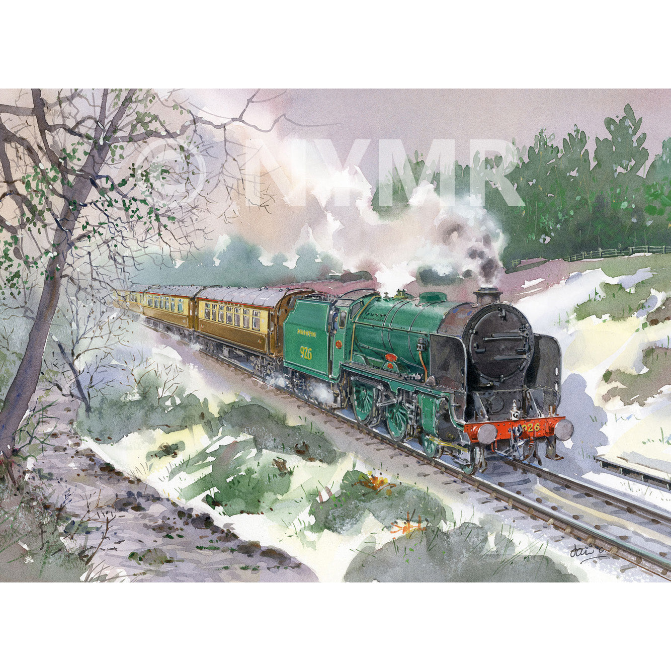 A Christmas card with a painting of SR Number 926 Repton pulling the Pullman Diner in the snow.